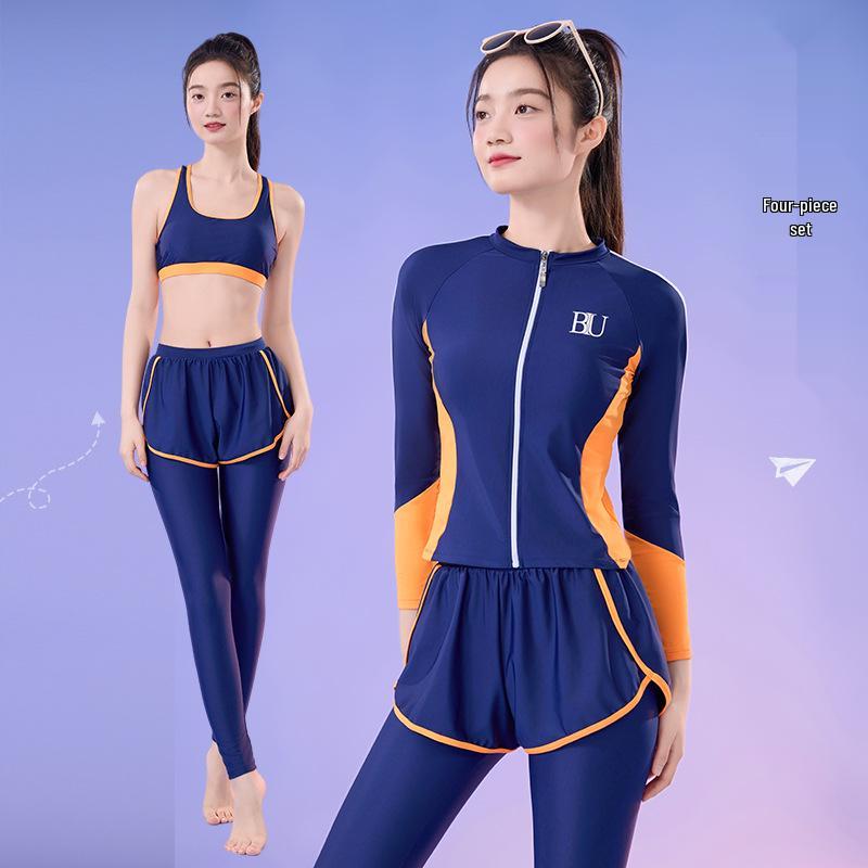 Costum de surf pentru femei, din patru piese, modelator, cu protecție solară - Set costum de baie cu mânecă lungă pentru vacanța la plajă, pe stoc