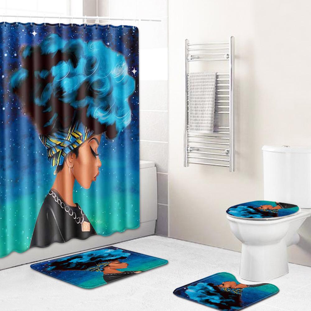 African American Women'S Bathroom Four-Piece Combination Set Household Door Mat Absorbent Non-Slip Floor Mat Carpet