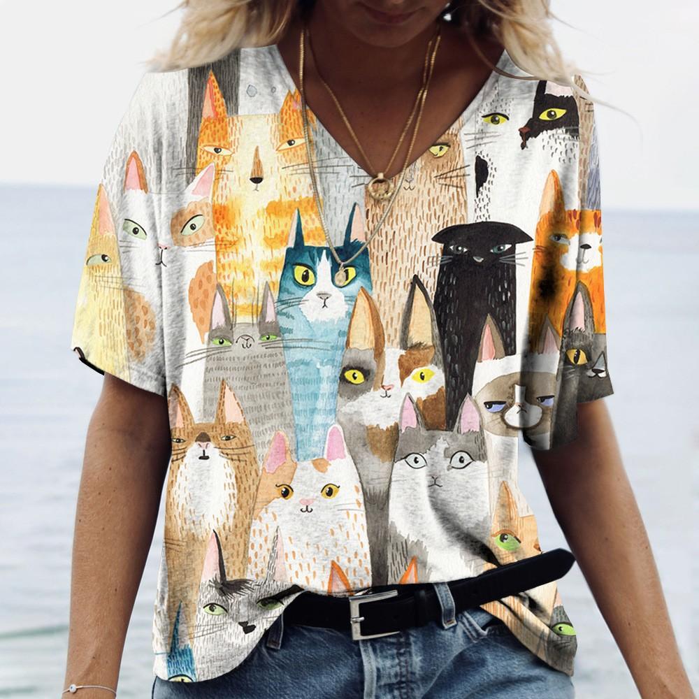 Summer 3D T-shirt Short Sleeved Cat Print Women's V-neck T-shirt