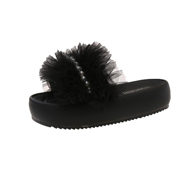 Mesh casual pearl cool slippers women's summer wear small soft bottom comfortable height increase fairy style one-word slippers