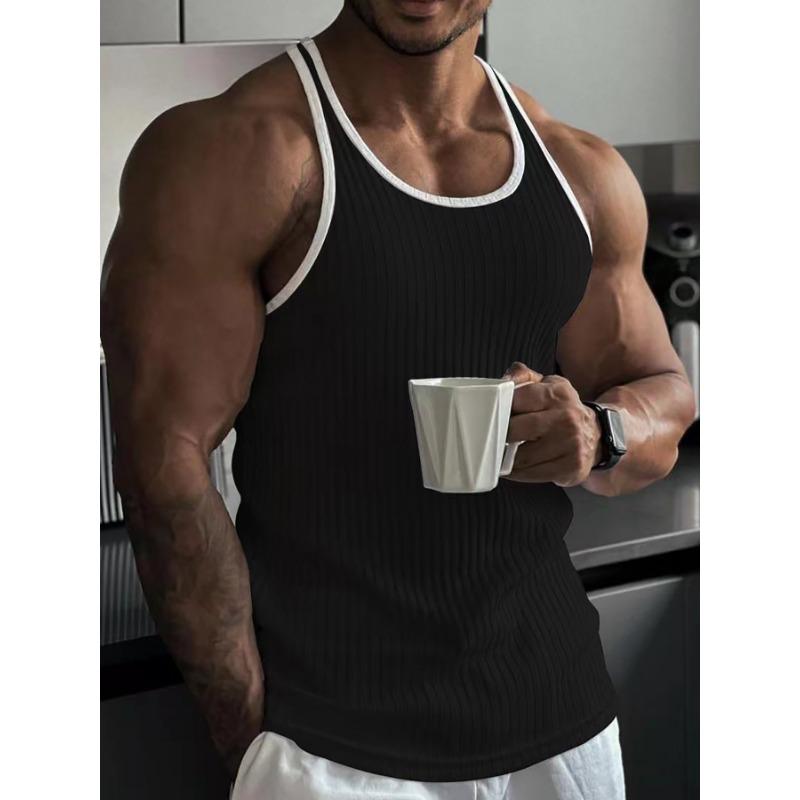 Canotta Sportiva da Fitness da Uomo Slim Fit a Righe Verticali Color Block in Maglia con Schiena a Racer