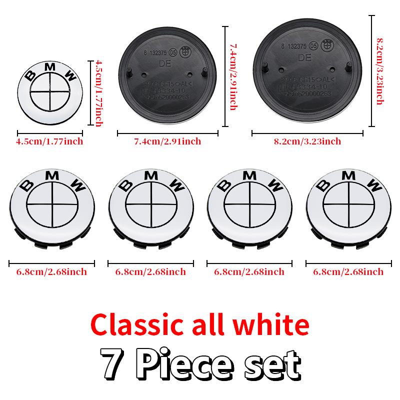 7Pcs Car Front Hood Emblem Wheel Hub Caps All White Logo For BMW M Logo G30 G31 G38 G11 G12 G20 G28 F10 F48 F49 G01 F20 F21 F22