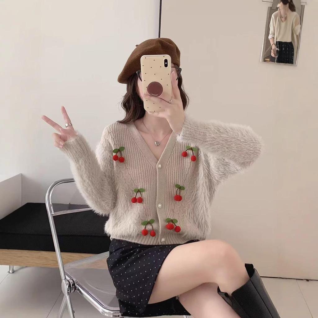 Elegant V-neck Knit Cardigan with Faux Mink Fur and Cherry Design