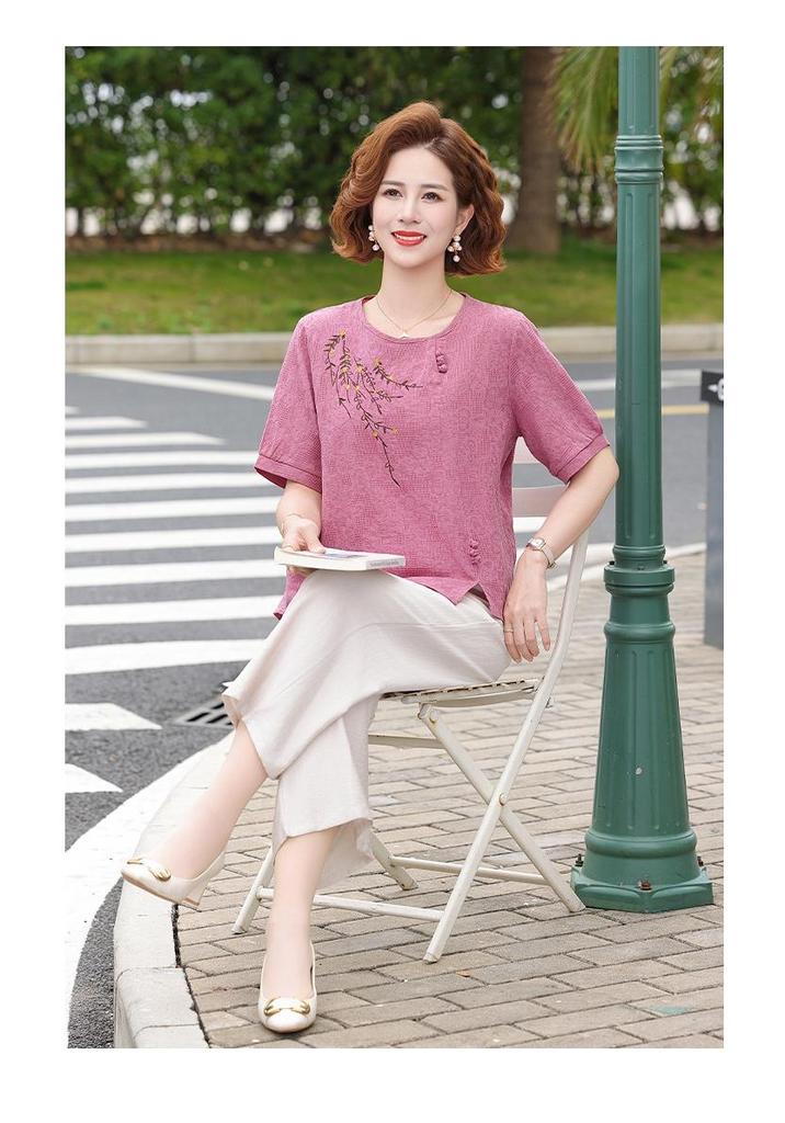 Embroidered Cotton Linen Short Sleeve Two-Piece Set for Middle-Aged & Elderly (Plus Size) - Summer 2026 Collection