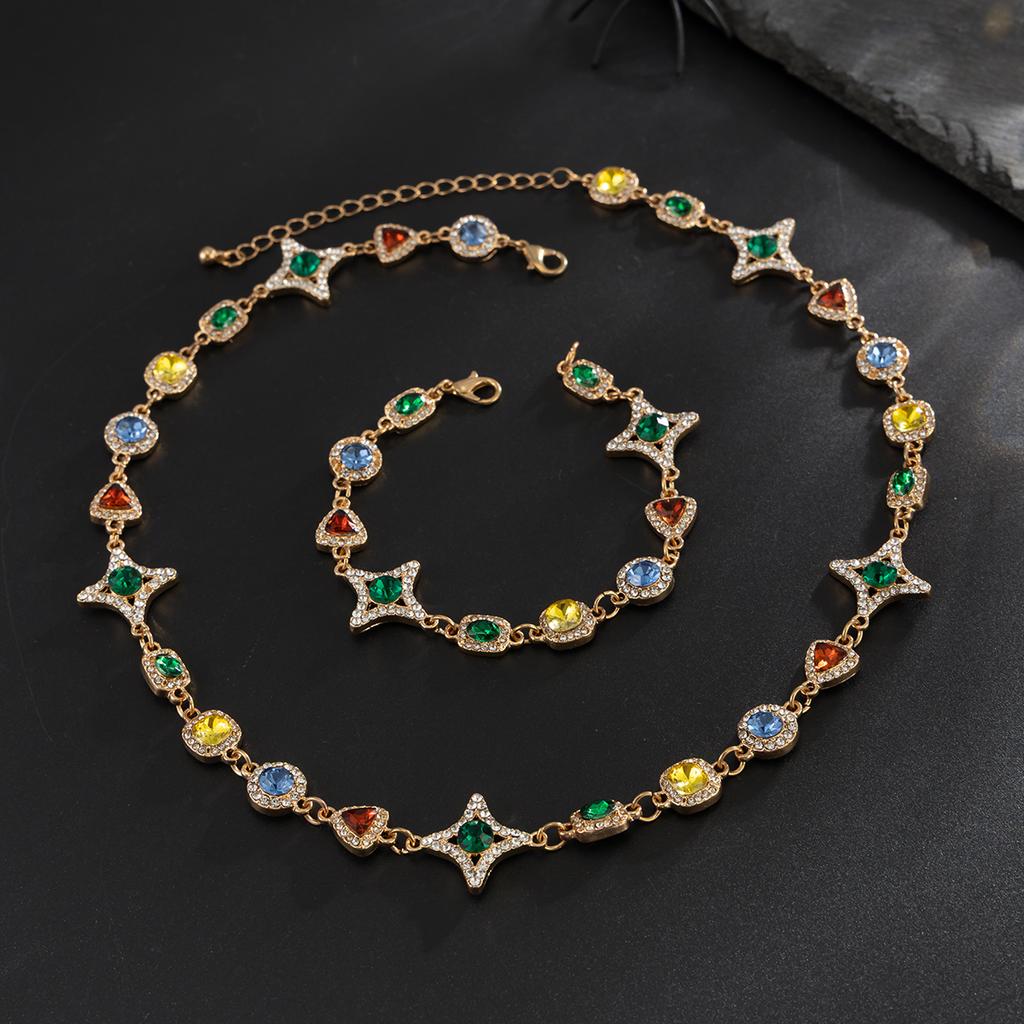 Salircon Trendy Luxury Colorful Crystal Chain Necklace Bracelet Set Men Hip Hop Clavicle Chain Trend Jewelry Male Birthday Gift