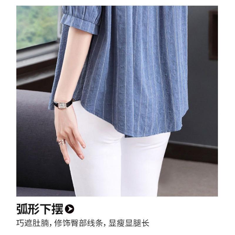 New Vertical Striped Five-quarter Sleeve Shirt Women's Loose Short-sleeved Shirt Summer Middle-aged Women's Top