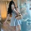 Fresh girly style V-neck plaid bow dress for women's small summer new, pleated skirt short
