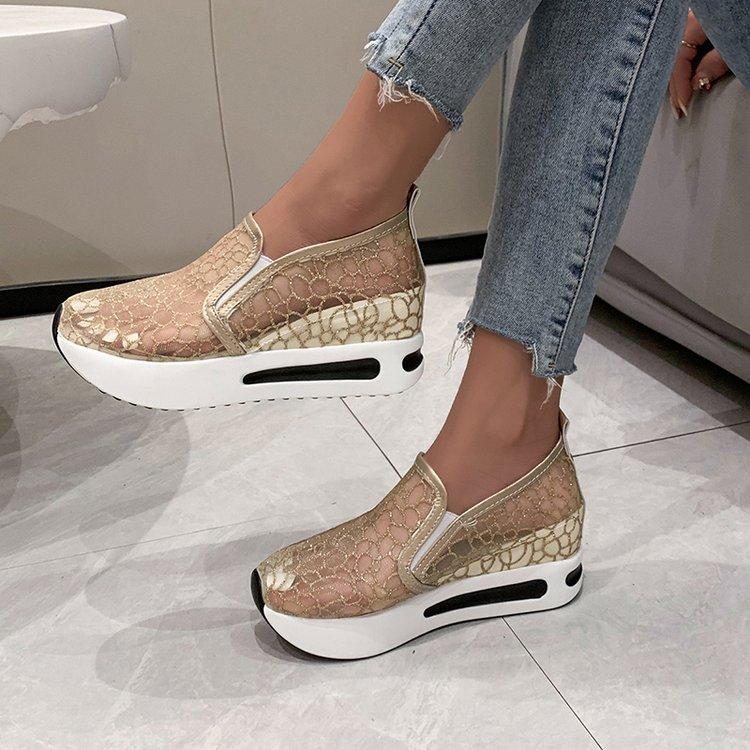 Women's Sneakers Floral Embroidery Mesh Sneakers for Women Slip on Casual Comfy Heeled Shoes Woman