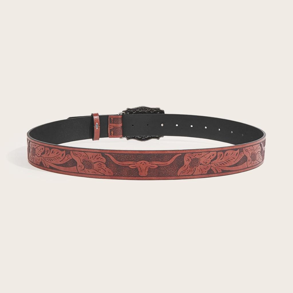 Western Cowboy Style Pu Belt With Cow Head Buckle For Casual Fashion Accessories