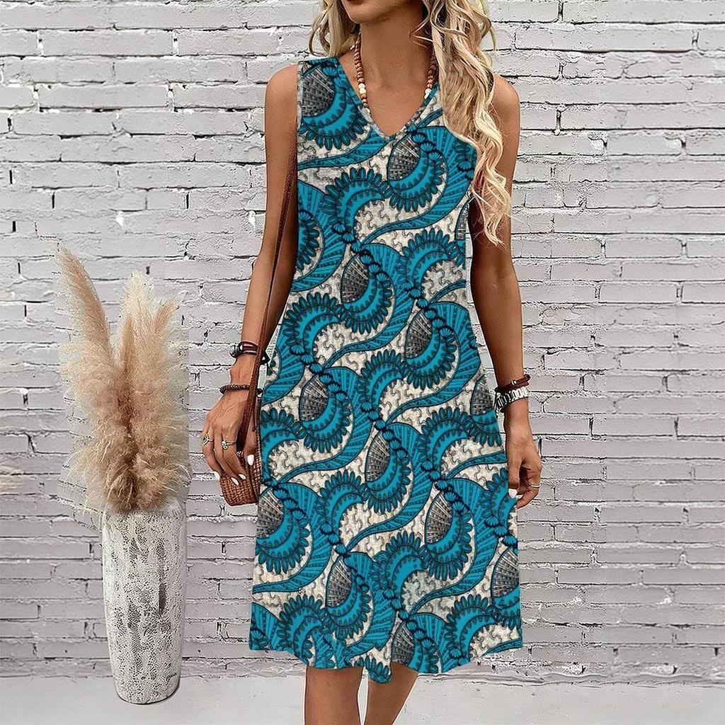 Plus Size V Neck Sleeveless Dress Ink Mountain Stream Print For Water Town Sightseeing