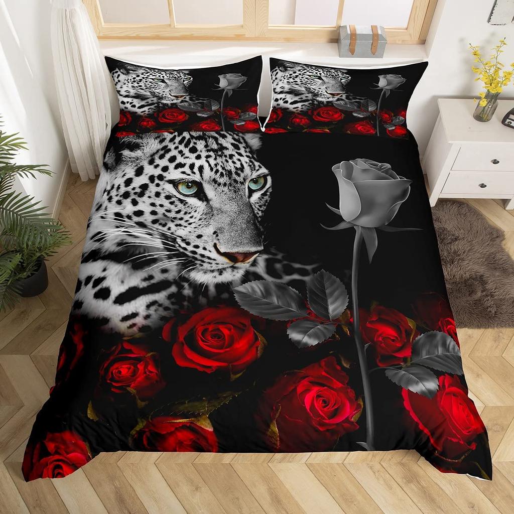 Leopard Duvet Cover Set King Red Rose African Safari Animals Quilt Cover Microfiber Rose Floral Cheetah Jungle Print Bedding Set