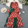 High-end Celebrity Temperament Lantern Long-sleeved V-neck Waist Thin A-word Printed Dress Elegant Pendulum Long Skirt