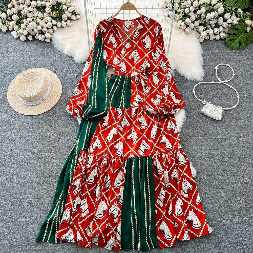 High-end Celebrity Temperament Lantern Long-sleeved V-neck Waist Thin A-word Printed Dress Elegant Pendulum Long Skirt