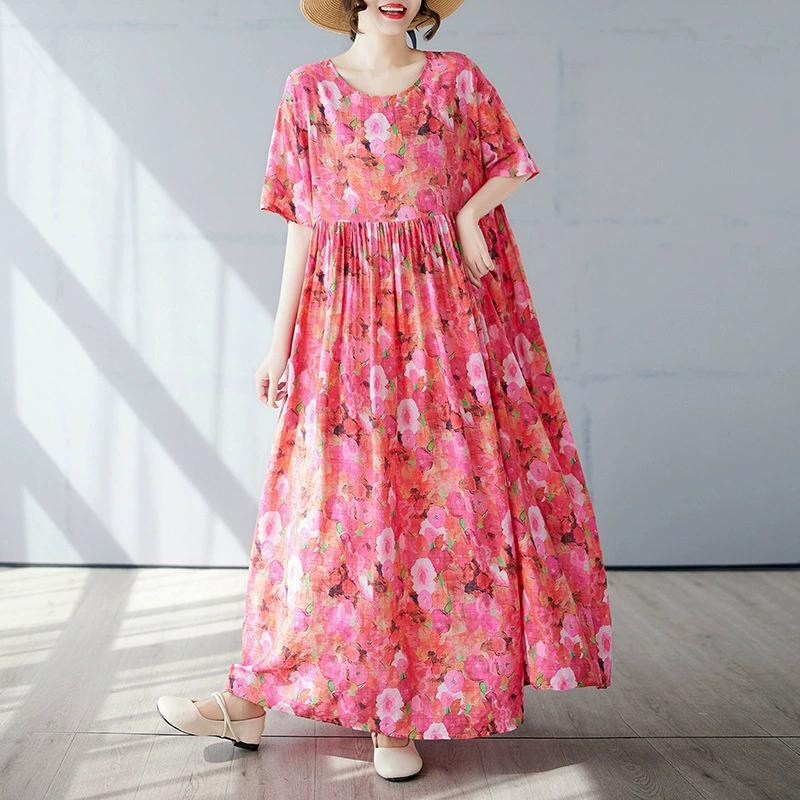 Plus Size Bohemian Print Maxi Long Dress for Women Floral Casual Cotton Linen Loose Vintage Vestidos Para Mujer Robe Dresses
