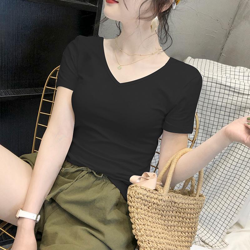 Women's White Short-Sleeve Crew Neck T-Shirt, 2024 Spring/Summer, Slim Fit, Pure Cotton, Basic Top