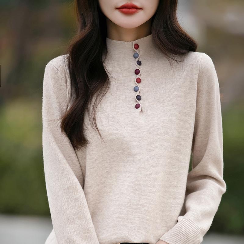 

Women s High Neck Knit Button Sweater - Chic & Warm for Autumn/Winter One Size чёрный