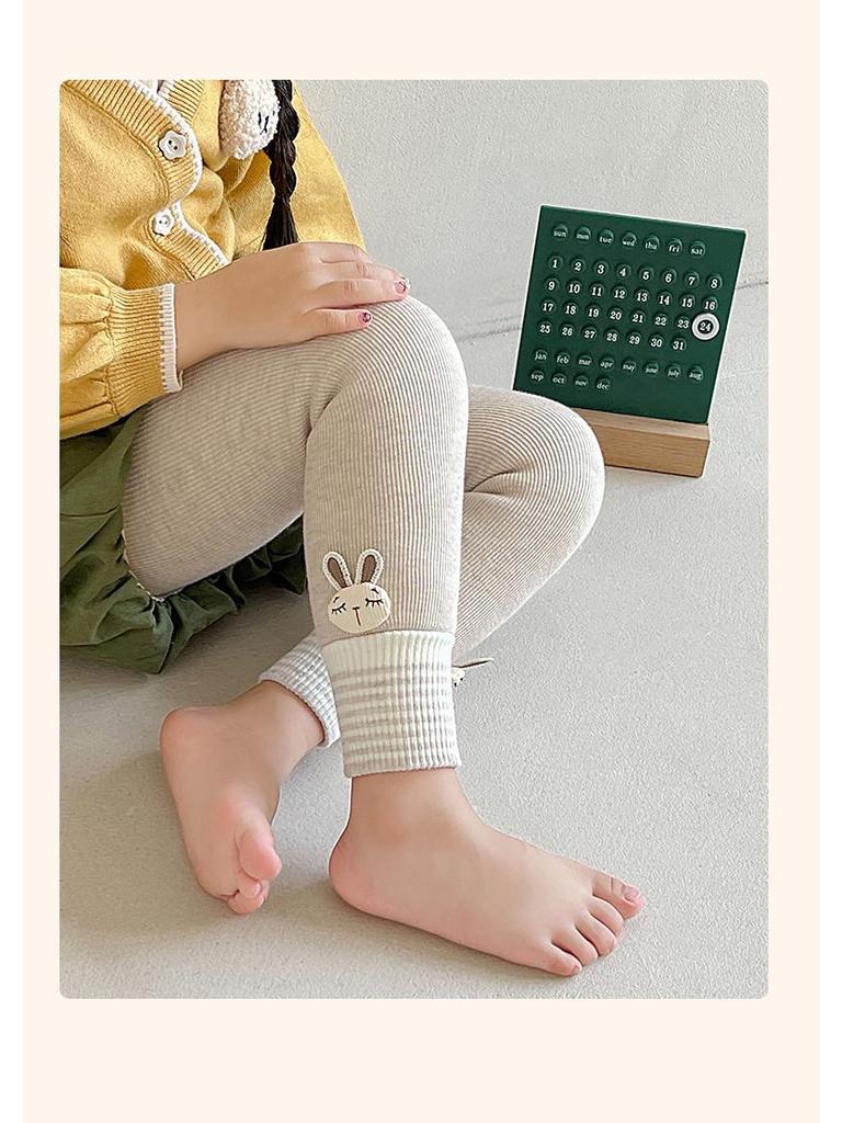 Girls' Velvet-Lined Fleece Leggings - Medium-Thick, Striped Rabbit Design for Winter