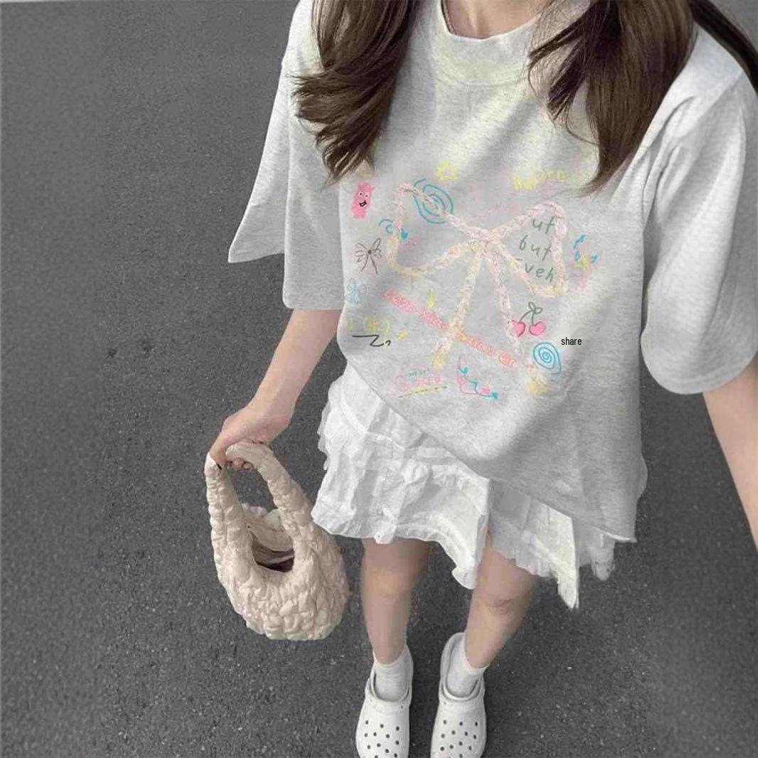 

Женская футболка большого размера цвета вереска с бантом и коротким рукавом - Изысканный летний топ 4XL (160-180 lbs recommended) хизер серый