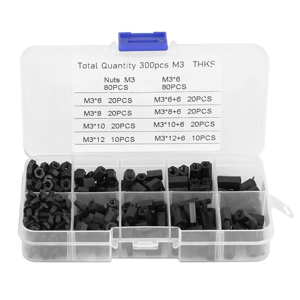 300 buc Negru M3 Distanțiere Șuruburi Piulițe Kit Asortat cu Cutie