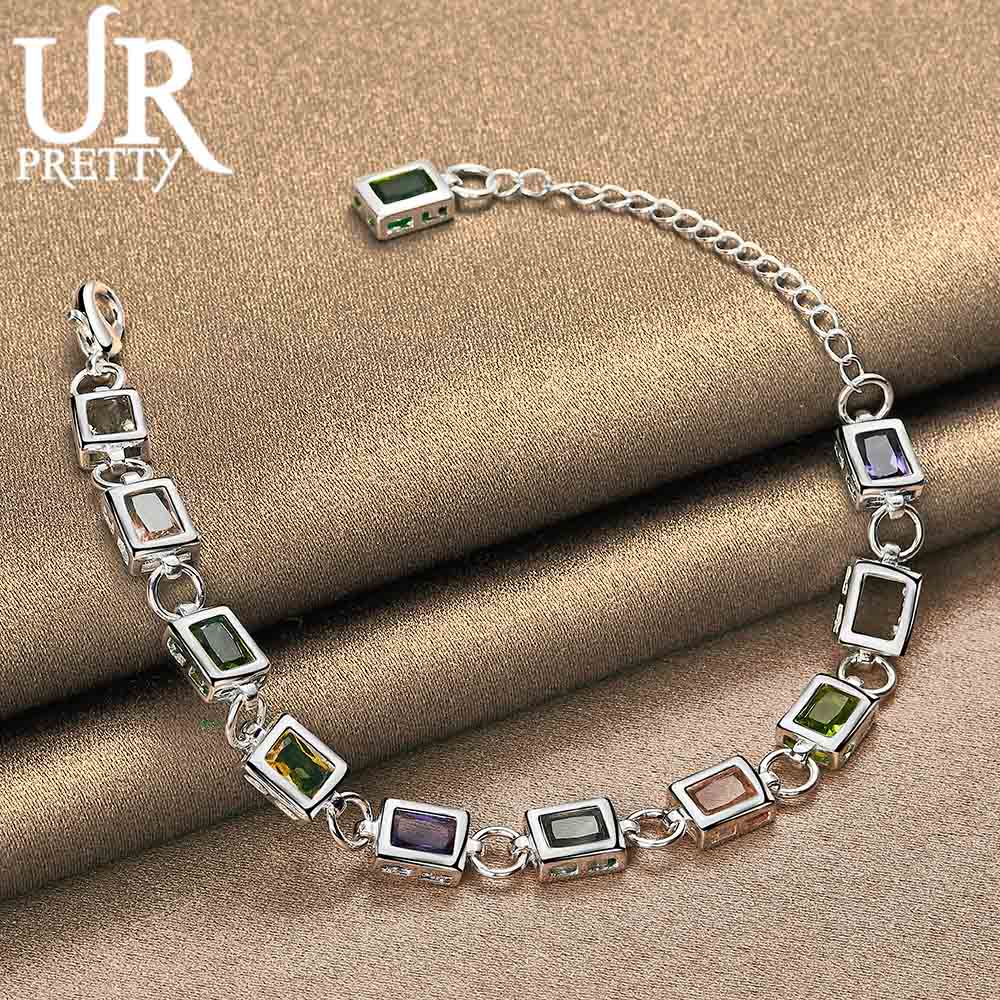 925 sterlingsølv firkantet innlagt flerfarget AAA-sirkonarmbånd mote bryllupssmykker
