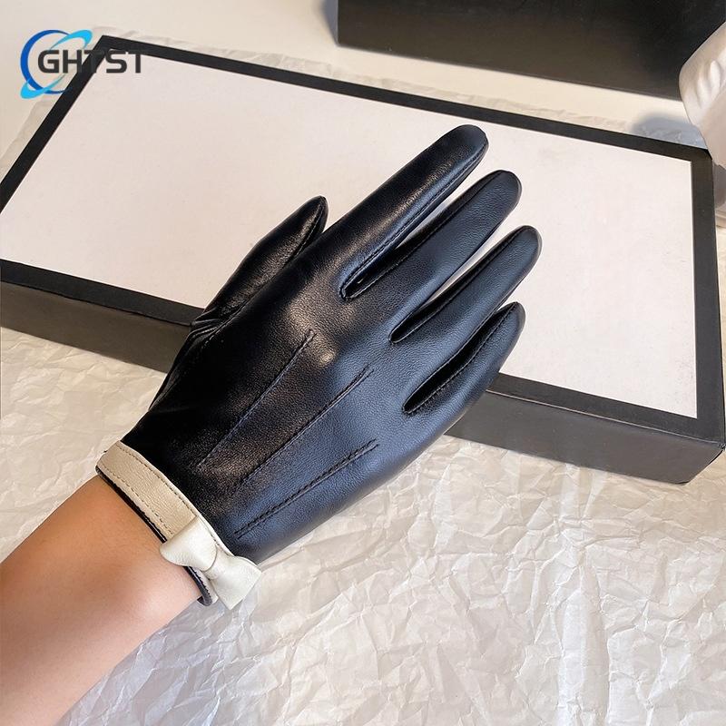 Black Simple Women Gloves Lambskin Leather Driving Gloves Fashion Bow Riding Fall Windproof Winter Warm Comfortable Gloves