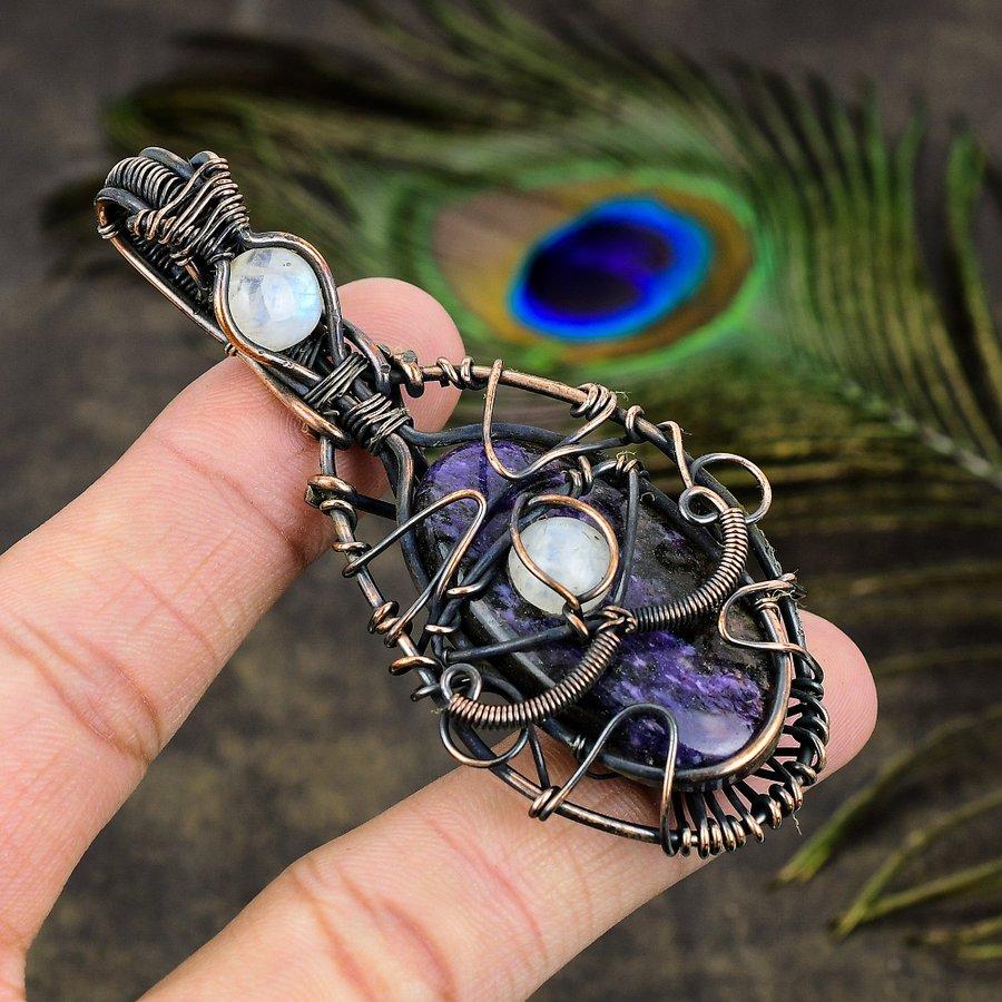 Russian Charoite, Moonstone Gemstone Copper Wire Wrap Jewelry Pendant 3.15"