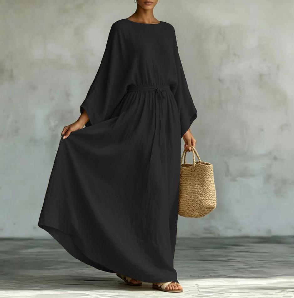 Women Beige Long Sleeve Plunge Neck Tie Waist Maxi Dress Casual Loose Cover Up