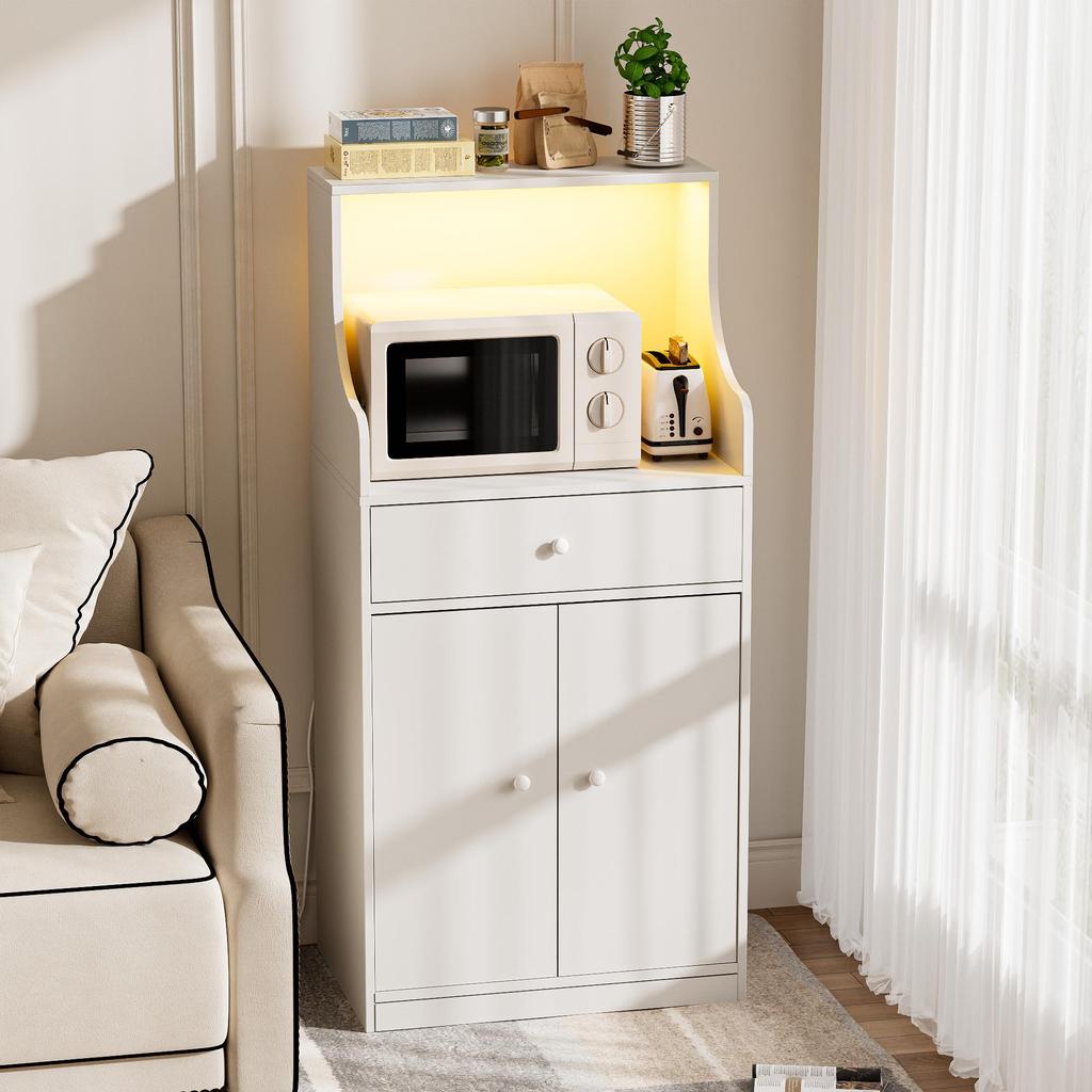 Cabinet - Wooden sideboard, 2 AC power ports/2 USB ports, Bluetooth LED light strip, single drawer, white.