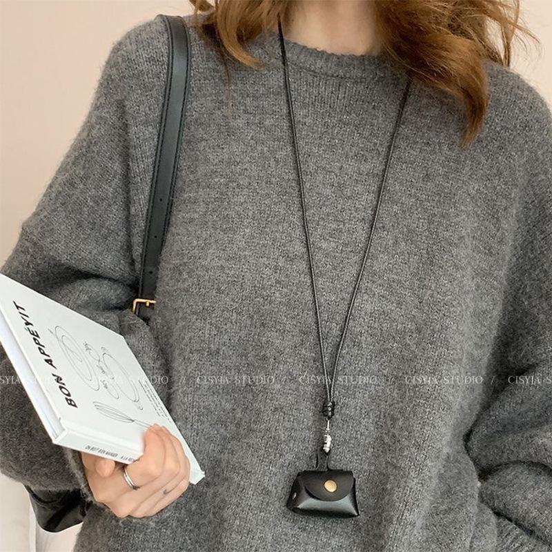 Leather Coin Necklace Pendant with Long Rope & Earphone Case