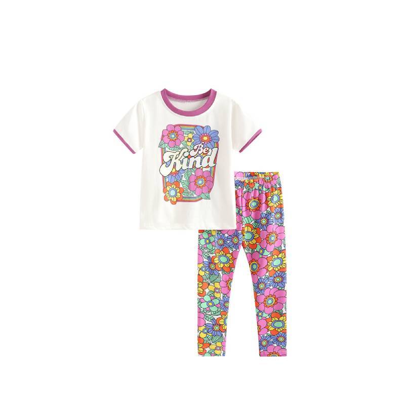 Girl Cotton Cartoon Short Sleeve Two Piece Set For Summer Playtime And Casual Wear