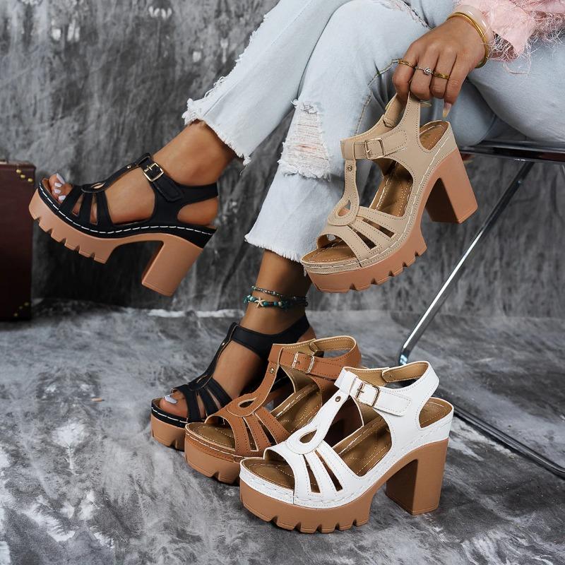 Ethnic Style Roman Line Sandals Summer Casual European American Thick Heels Women's High Heels