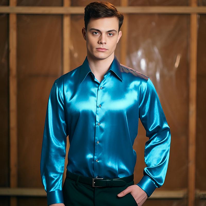 2026 Men's Shiny Long Sleeve Casual Shirt - European Size, Autumn Fashion