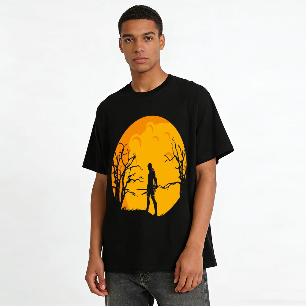 Dark Wasteland Sword Warrior Silhouette Printed T-Shirt Pure cotton T-shirt
