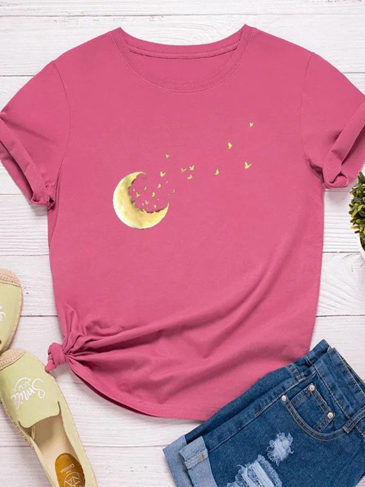Golden Moon Print Women T Shirt Short Sleeve O Neck Loose Women Tshirt Ladies Fashion Tee Shirt Tops Clothes Camisetas Mujer