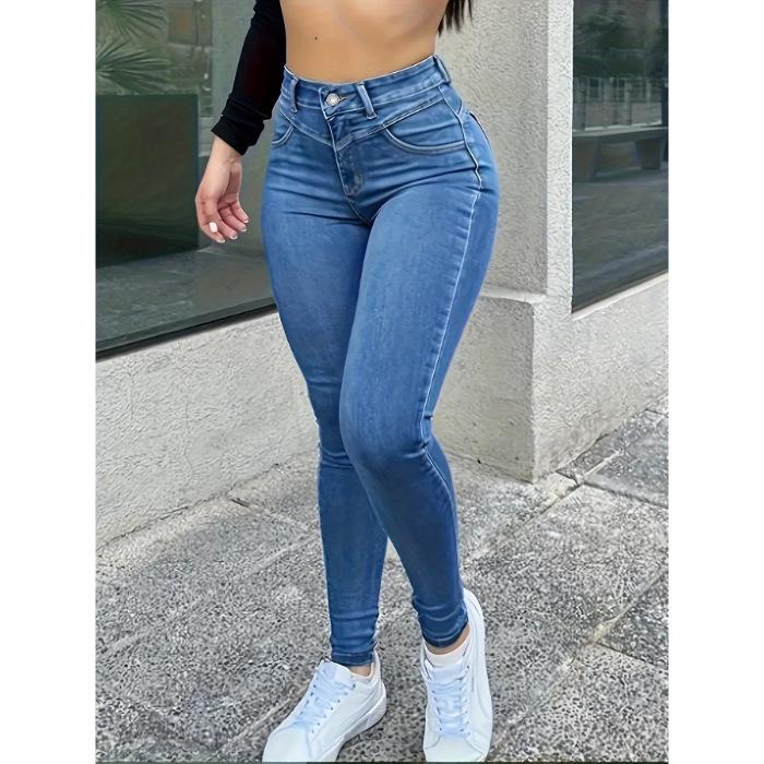 High Elasticity High Waist Skinny Jeans - Slimming Fit, Versatile Fashion Tapered Pants for Women Small синий