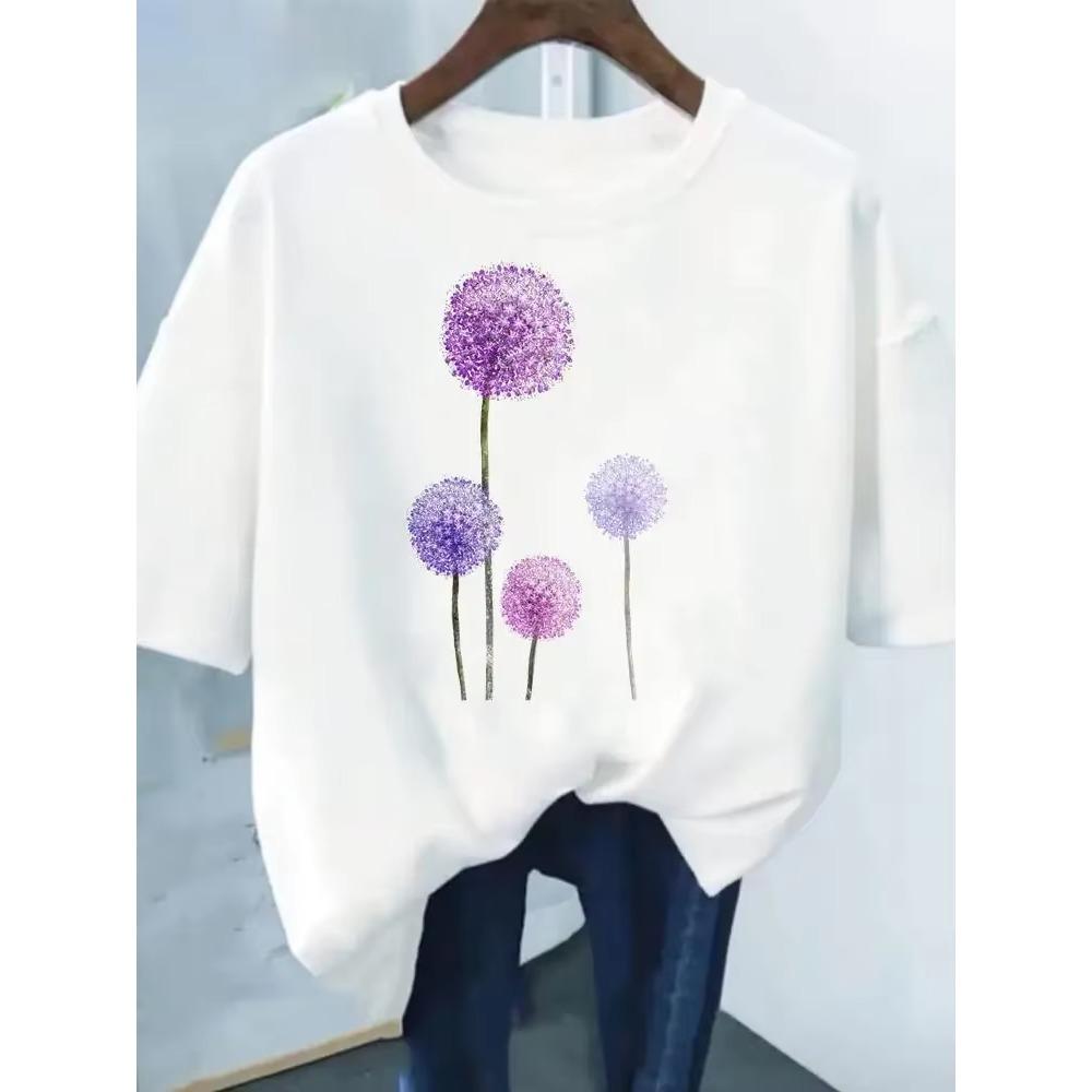 Flower Print Fashion Plant Trend Lovely print ladies T-shirt casual basics O-collar Black shirt short sleeve ladies T-shirts