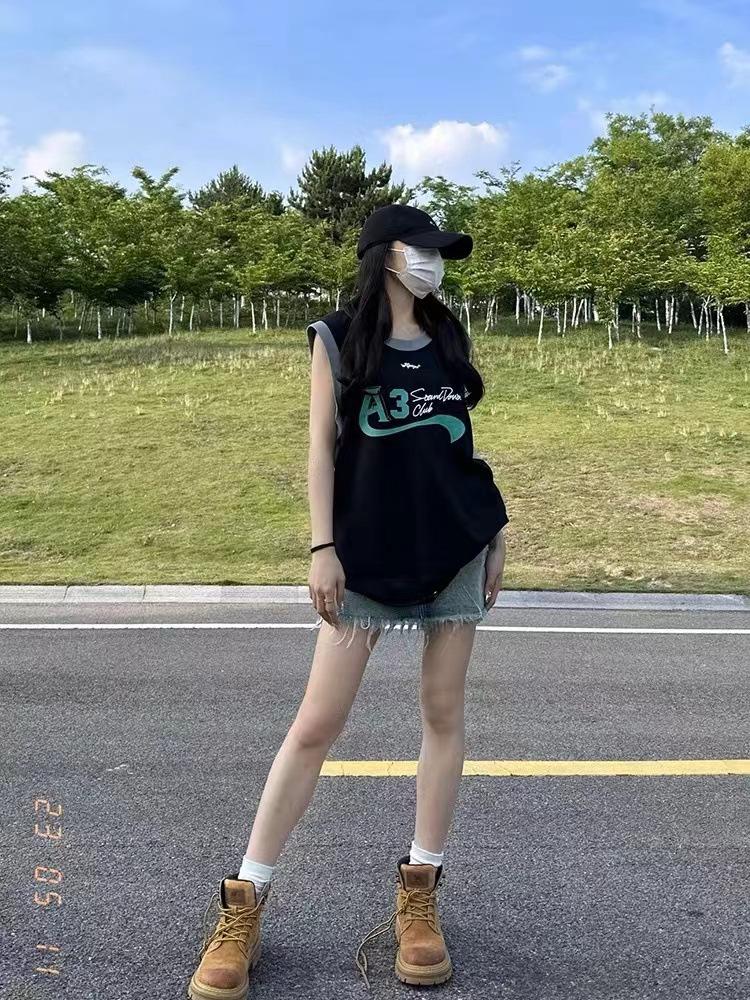 2024 Summer Women's Pure Cotton Contrast Color Letter Short-Sleeve T-Shirt