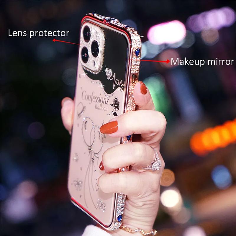 Bling Crystal rhinestone Pink Phone Case for iPhone 15 Pro Max 13promax 12pro max diamond metal frame camera protector female