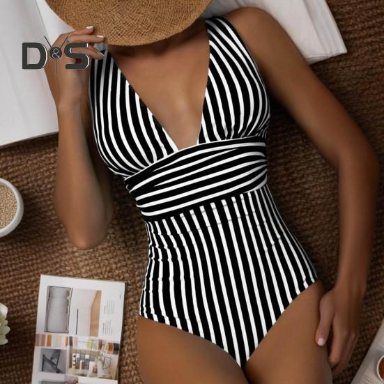 Women Monokini Deep V-Neck Sleeveless Slim Fit One-Piece Bikini Striped Print High Waist Tummy Control One-piece Swimsuit