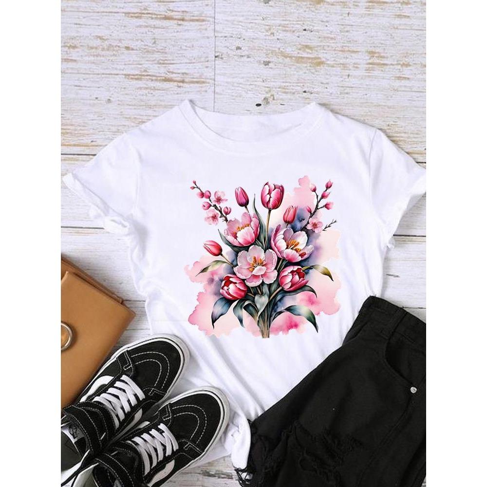 Style Flower Trend Clothing Graphic T-shirts Lady Short Sleeve T Shirt Women Print Female Fashion Clothes Casual Tee