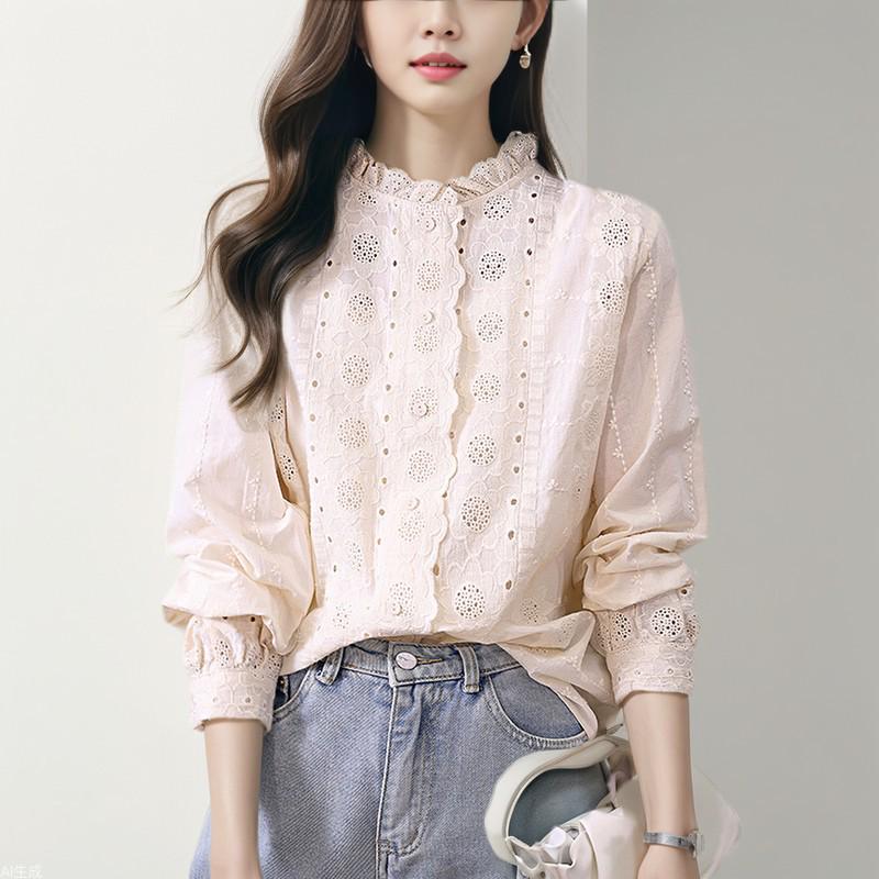Apricot Women's Long Sleeve Shirt with Lace Trim Collar and Embroidered Flowers - Spring 2025 Design
