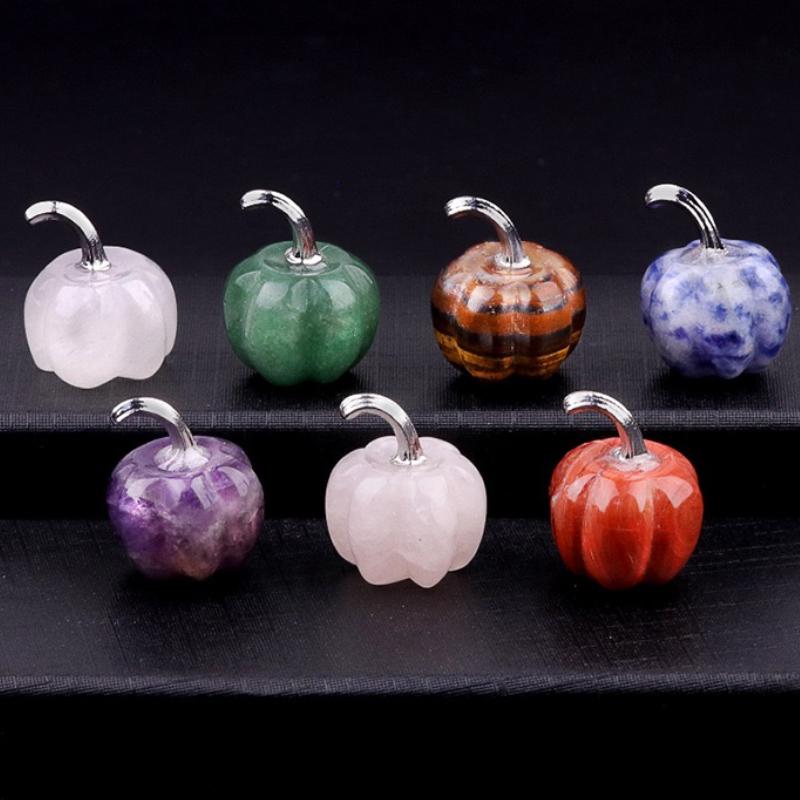 7-Piece Gemstone Mini Pumpkin Set - 20mm Chakra Healing Decor for Thanksgiving & Halloween