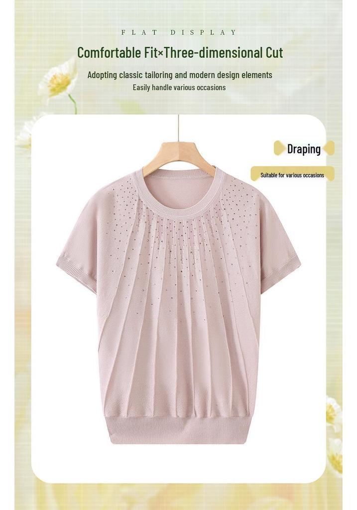 Summer Fashion Rhinestone Knit T-shirt for Women: See-through Ice Silk, Round Neck, Perfect for Young Mothers & Middle-aged Women