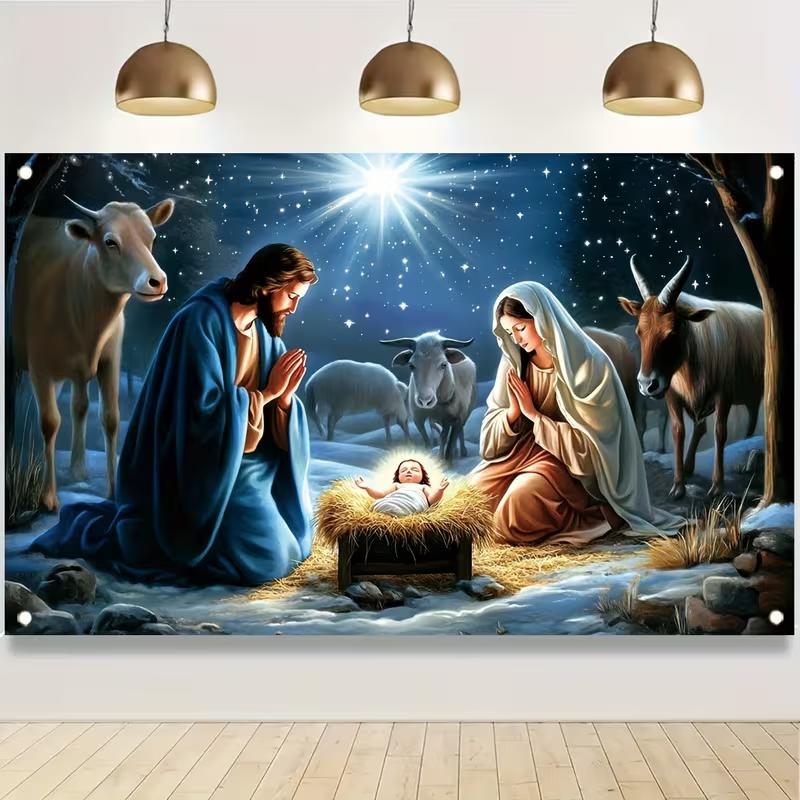 2D Nativity Themed Backdrop for Christmas, Holy Family with Baby Jesus and Farm Animals Photography Background