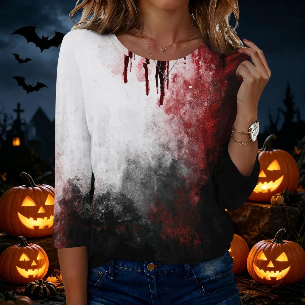 Women's Casual Round Neck Three Quarter Sleeve Halloween Print T Shirt Top Lightweight Comfortable Soft Fabric