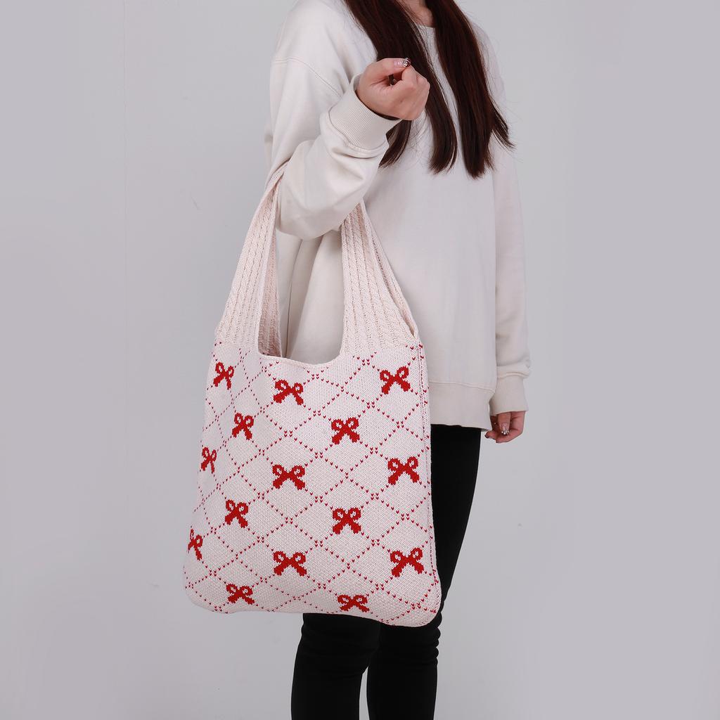 Women Crochet Tote Handbag Large Capacity Crochet Grocery Bag Contrast Color Travel Shopping Handbag Female Holiday Bag