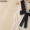 VONDA Women Sleeveless Bow Knot Slim Waist Stitching Pleated Dress