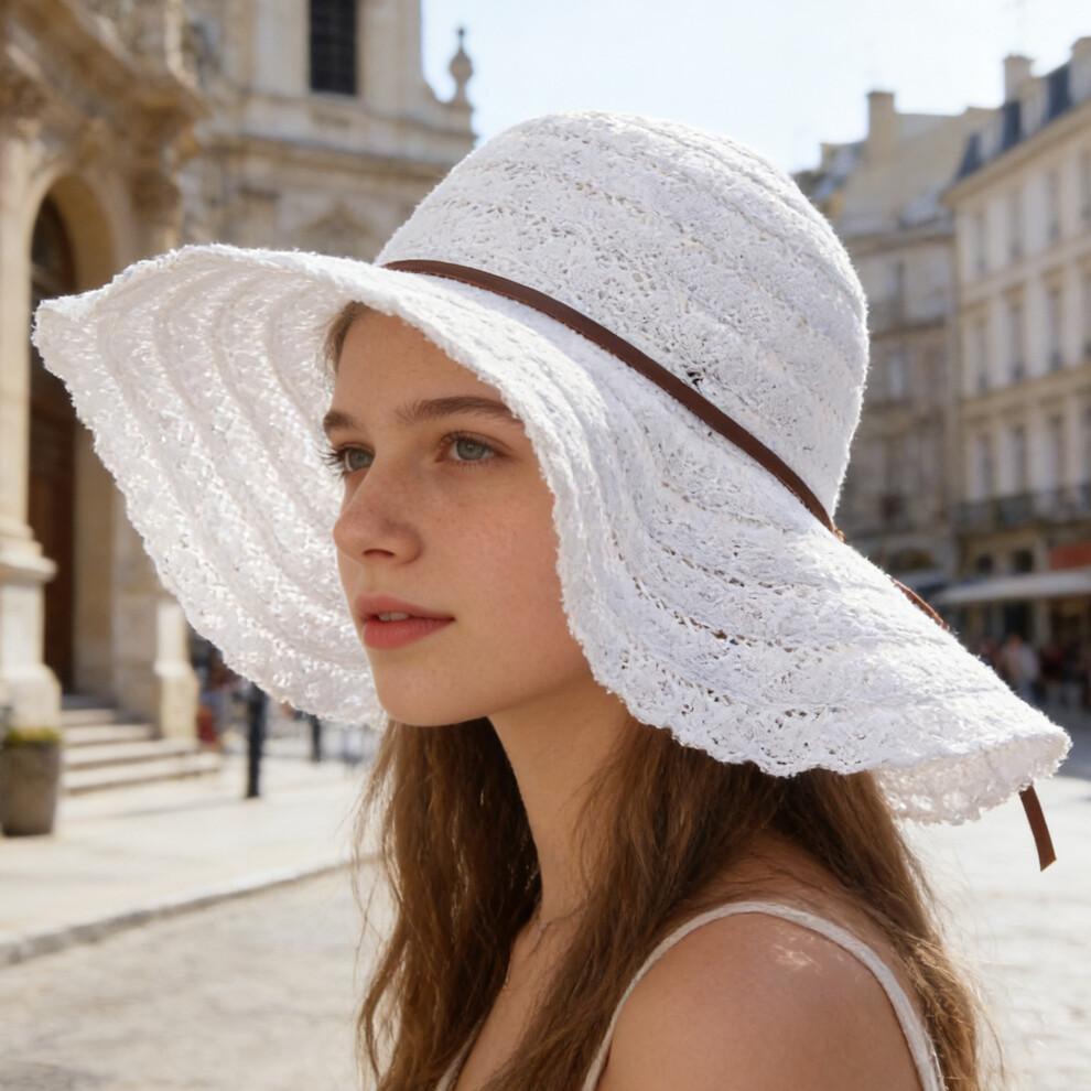 (Einheitsgröße, Weiß) Damen Sommerstrohhut Eleganter Floppy-Hut mit breiter Krempe Strandkappe Leichter Spitzen-Sonnenhut
