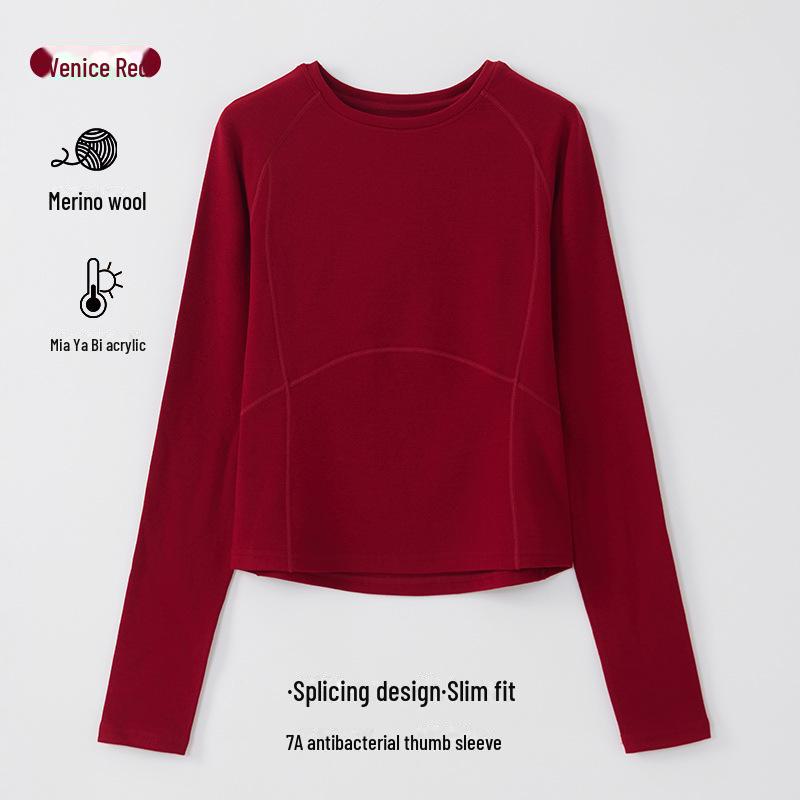 Women's Merino Wool and German Velvet Round Neck Bottoming Shirt - A-type Stitching and Thickened Skin-Beautifying Fabric