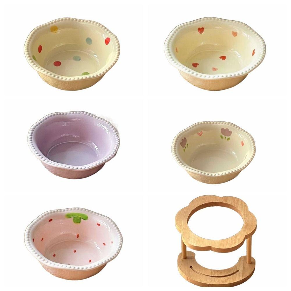 Anti Slip Ceramic Cat Bowl 15 Degree Inclined Flower Elevated Cat Water Bowl Wooden Stand Elevated Cat Feeding Station